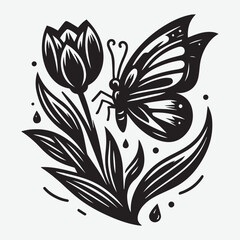 Butterfly and tulip flower vector silhouette illustration. Gardening Elements Silhouettes including tools, plants, bench and wheelbarrow