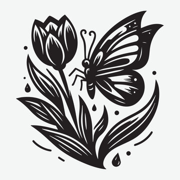 recommend clip art: Butterfly and tulip flower vector silhouette illustration. Gardening Elements Silhouettes including tools, plants, bench and wheelbarrow