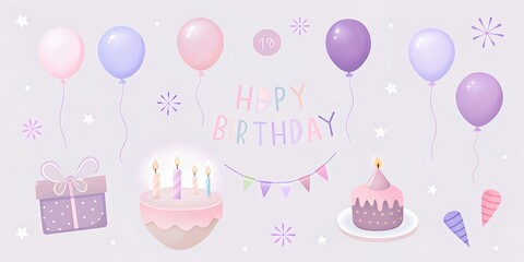 birthday party invitation Greeting card, idea for opening, letters, decoration, festive background, pastel colors, art, vector opening, patterns, balls, cake, greetings, celebration
