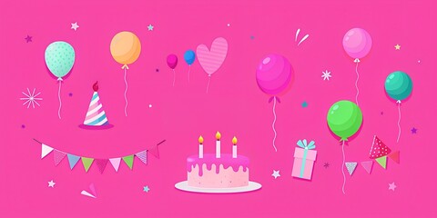 birthday cake with candles and confetti pink Greeting card, idea for opening, letters, decoration, festive background, pastel colors, art, vector opening, patterns, balls, cake, greetings, celebration