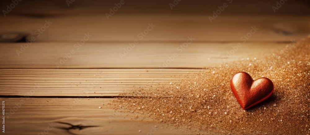 Poster A romantic Valentines day background with love written in sand in front of a wooden backdrop perfect for product displays Copy space image