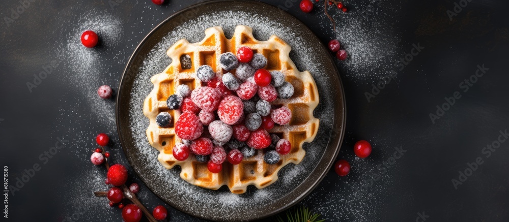 Aufkleber A top down view of a food background showcasing organic and healthy Belgian waffles served as a Christmas and New Year dessert option on a menu The image provides ample copy space for text