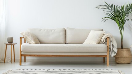 White luxury sofa with side coffee table and a plant 