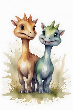 Cute Parasaurolophus baby dinosaurs in watercolor style