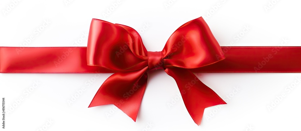Poster A red satin gift bow with a single ribbon isolated on a white background creating a copy space image