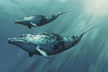 Obraz premium A couple of whales swimming in the ocean. Perfect for marine life concepts