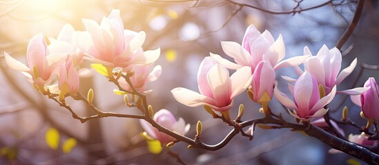 A stunning image captures the vibrant magnolia flowers on tree branches illuminated by natural...