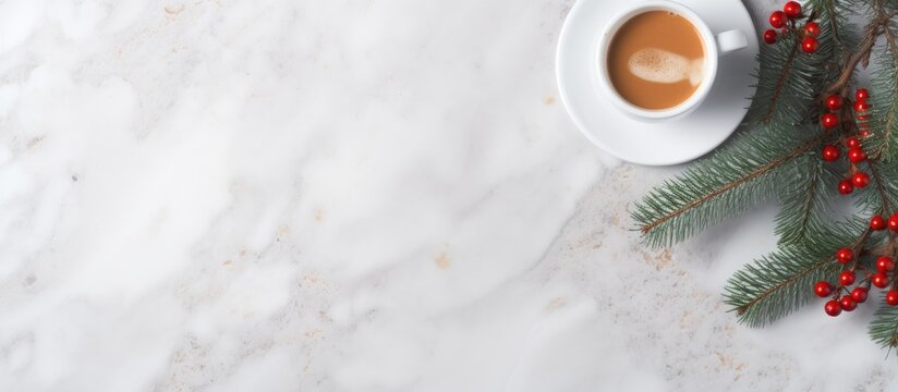 A festive scene of a white marble table adorned with holiday decorations including pine branches and cones accompanied by a cup of latte coffee The image captures the essence of Christmas and New Yea