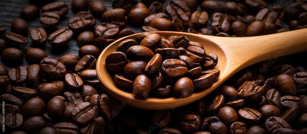 Poster image of roasted coffee beans with a wooden spoon in the background. with copy space image. place fo