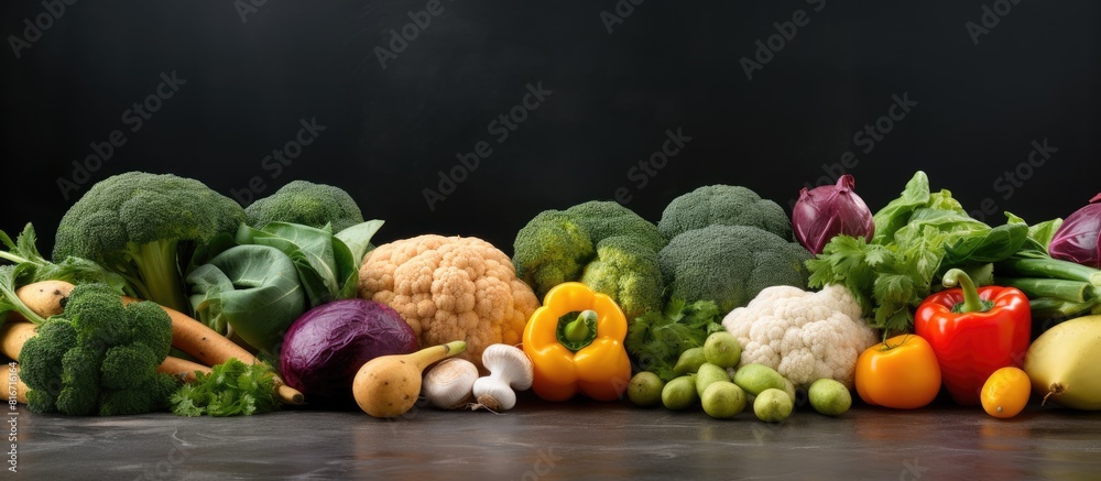 Poster A selection of vibrant vegetables is displayed on a smooth dark gray slate The background provides ample empty space for additional content