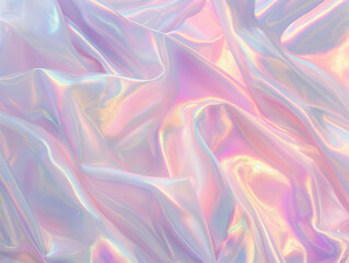Obraz premium A iridescent fabric with rainbow colors and holographic reflections creates a nostalgic and tranquil abstract background, evoking a sense of calmness and serenity with its smooth, pastel tones.