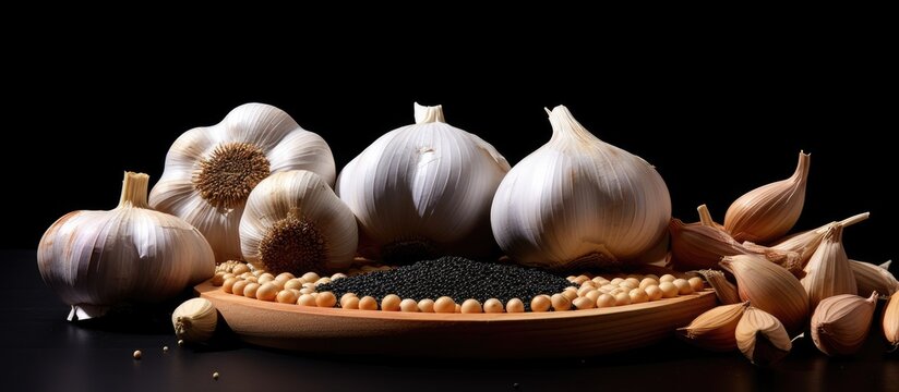 A copy space image reveals garlic and black peppercorns placed behind the board