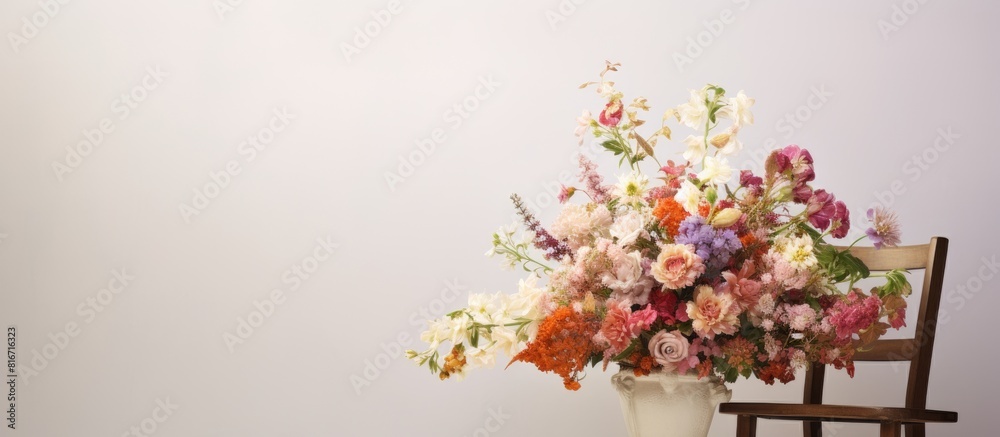 Poster A stunning bouquet of flowers placed on a white stool creating a visually pleasing copy space image