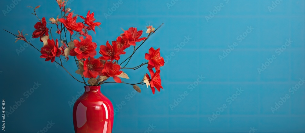 Poster sunlight illuminates a blue vase filled with vibrant red flowers creating a captivating copy space i