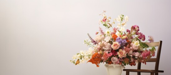A stunning bouquet of flowers placed on a white stool creating a visually pleasing copy space image