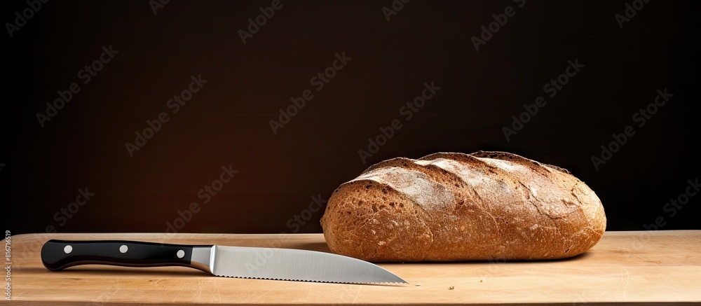Poster A table with a front view of a bread knife displaying a copy space image