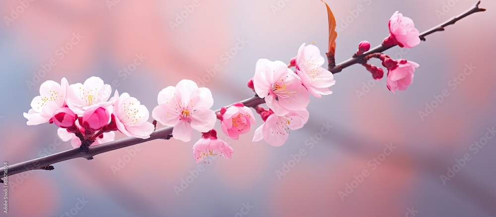 Poster A stunning pink sakura flower representing the arrival of spring set against a natural backdrop with empty space for text or images. with copy space image. Place for adding text or design