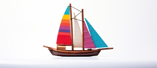 A small wooden ship souvenir with colorful sails against a white background perfect for adding copy space in an image