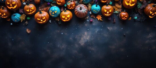Top view of Halloween decorations and pumpkins on a colorful background This copy space image showcases the festive and spooky ambiance
