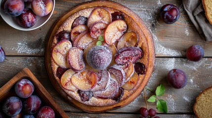 Classic German Plum Cake with Plums Arranged on a Wooden Platter from Above