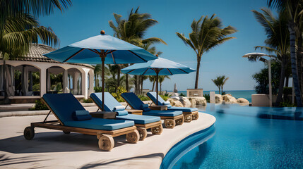 Fototapeta na wymiar Luxurious pool and sun loungers with umbrellas nearby