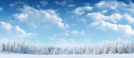 A scenic winter blue sky with white clouds and trees against which a copy space image can be placed 111 characters