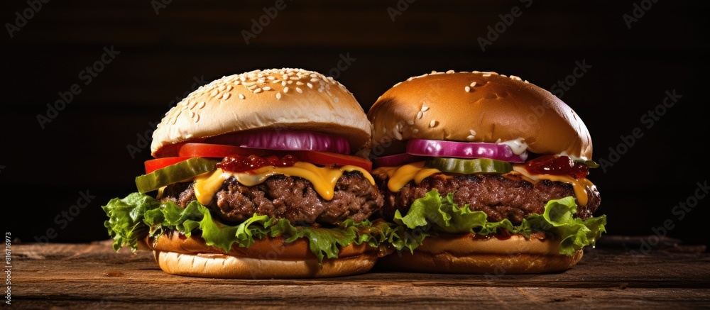 Poster a copy space image featuring homemade hamburgers filled with meat cheese lettuce and tomato resting 