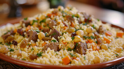 Chunks of succulent lamb combined with couscous, carrots, chickpeas, and herbs, highlighting the rich and diverse flavors of african cuisine