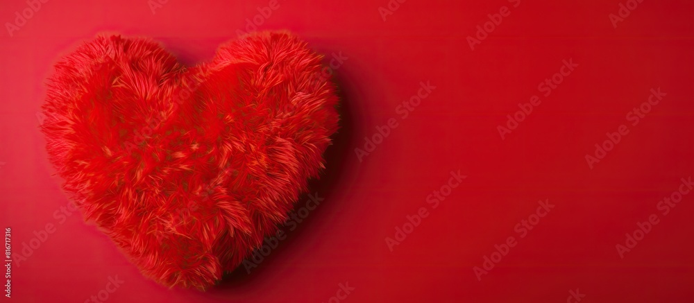Aufkleber Top view copy space image of a soft toy heart on a vibrant red background setting the mood for a Valentine s Day love background Perfect for creating banners or designing cards