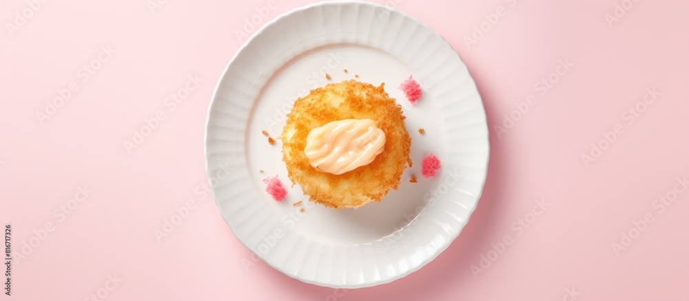 Poster Top down view of a fried camembert atop a pink plate situated on a pristine white wooden surface The arrangement offers ample copy space for text within the frame