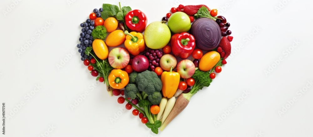 Poster copy space image of a heart shaped arrangement of fruits and vegetables representing the concept of 