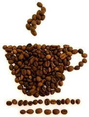 Composition cup of coffee made by beans. Coffee cup and steam made from beans. Cup of coffee made from beans with smoke isolated on white background. Hot coffee in a cup made of grains.