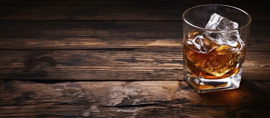 A copy space image of whiskey served on a rustic wooden background with ice cubes