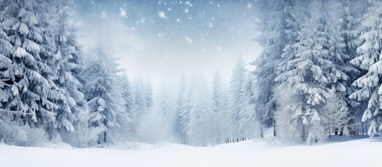 Snowing in a winter forest with Christmas trees creates a natural background The wide format image offers ample copy space to enhance its versatility