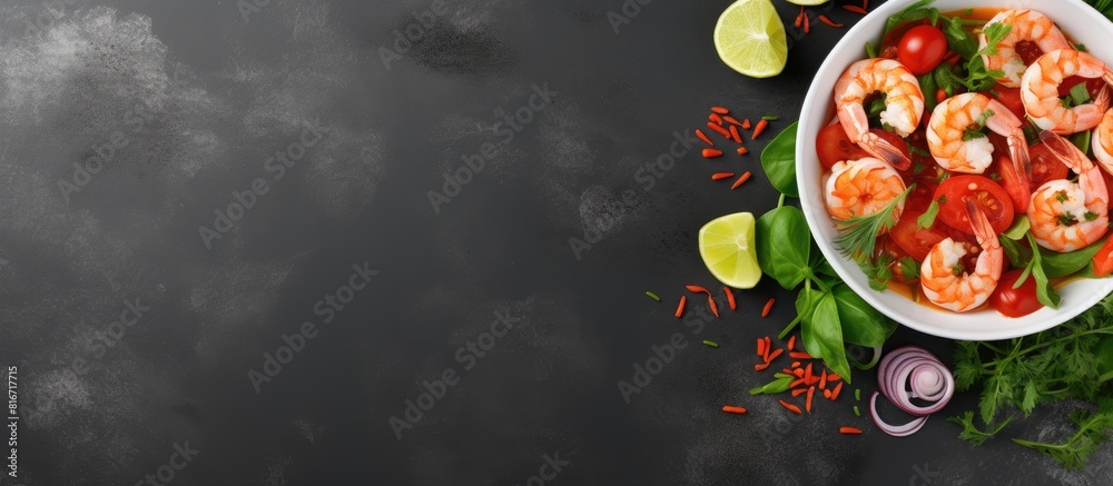 Poster A view from above of poke salad bowls of red shrimps and green vegetables on a gray background with space for text or images. with copy space image. Place for adding text or design