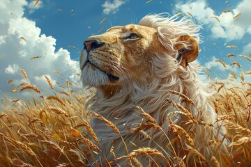 A lion with golden skin in a wheat field, realistic style