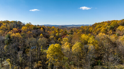 an aerial view of a wooded area surrounded by trees and hills