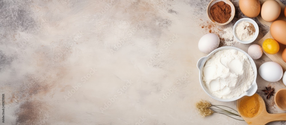 Poster A top down view of ingredients for baking including flour sugar eggs and more arranged on a light stone table with ample room for text or additional images