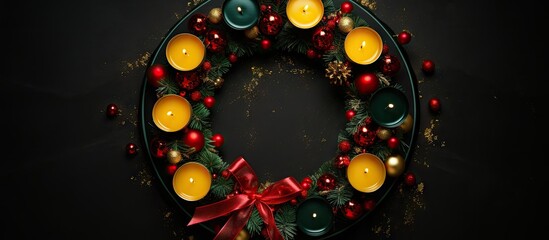 Top view of a festive round frame featuring red green and black candles adorned with yellow bows a stunning home decor arrangement exuding the spirit of Christmas and New Year This copy space image of - Powered by Adobe