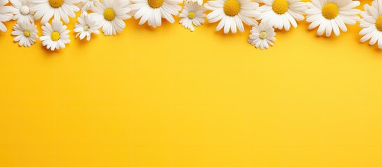 Top view of a yellow background with a creative frame made of chamomile flowers The image is taken...