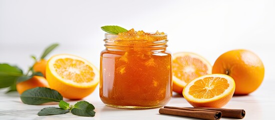 Copy space image of a small jar filled with homemade orange spicy jam made from fresh oranges cinnamon and mint It is a representation of fall preparations and canning on a white table background