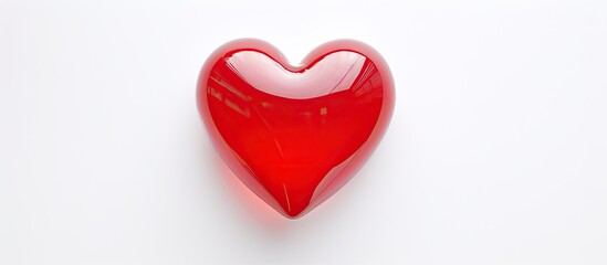 A red plastic heart is showcased from a top down perspective on a white background representing the concept of St Valentine s Day with available copy space for additional content