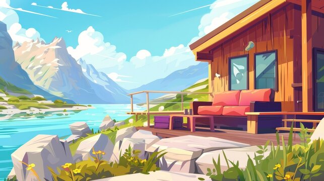 A house terrace with a couch and table on a lakeshore in a mountain valley. Panorama illustration of a summer landscape with a river, rocks and a wooden cottage veranda with handrails.