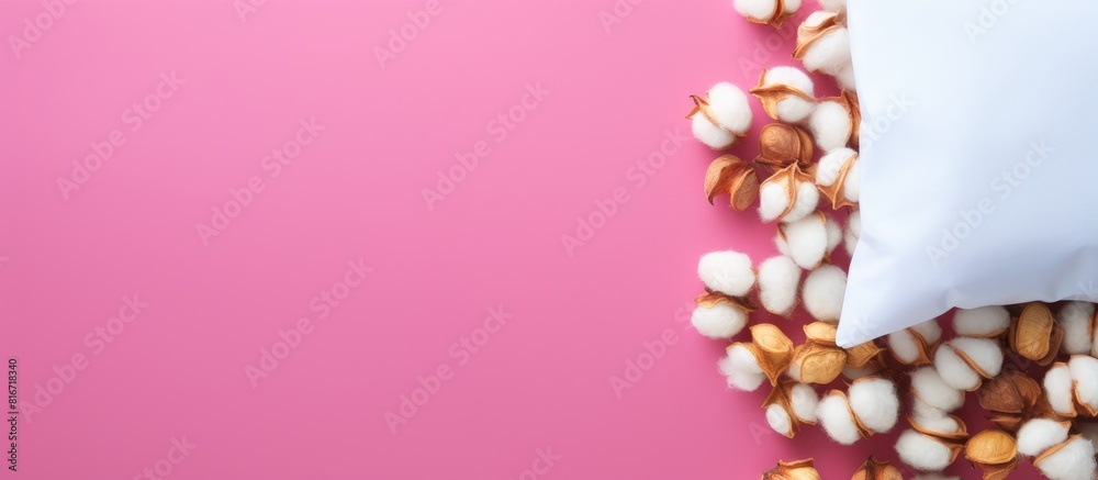 Poster Top view of eco cotton pads with a sack on a colorful background creating a copy space image