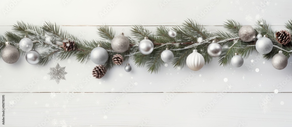 Poster scandinavian style christmas garland with fir branches baubles and decorations designed as a horizon