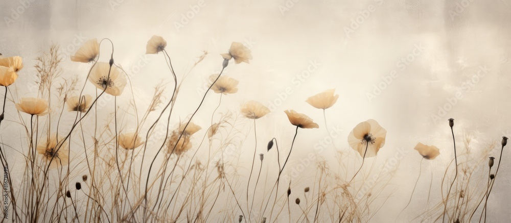 Poster An image of a textured old paper background featuring dry seed pods of breadseed poppy. with copy space image. Place for adding text or design