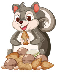 Cartoon squirrel enjoying a pile of nuts