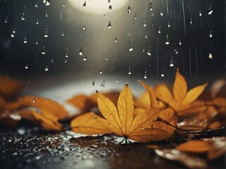 Rainy golden autumn. Beautiful yellow leaves under raindrops.