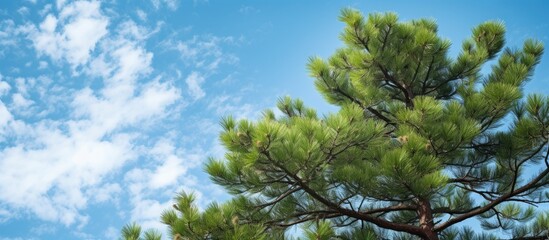 Obraz premium The copy space image shows a view of the sky and a pine tree taken from a lower perspective