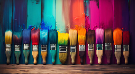 Artisanal Spectrum: Paintbrushes on Stained Wood